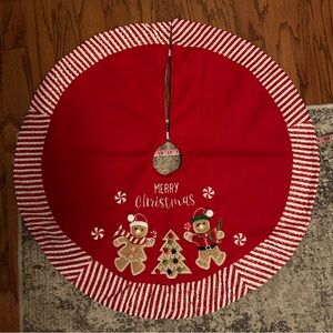 Red Christmas Tree Skirt with Gingerbread Design